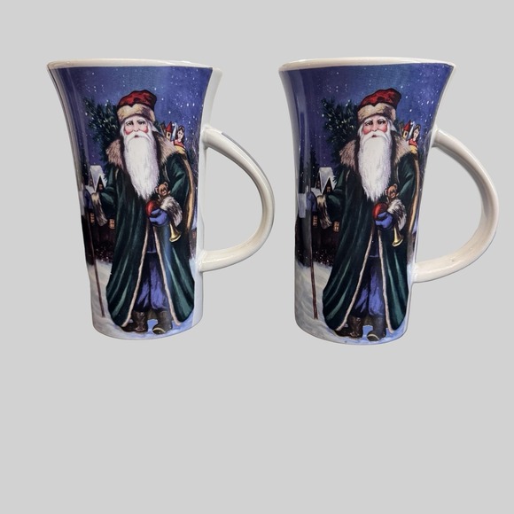 Christmas Holiday Santa Tall Latte Mugs Set Blue Dishwasher Microwave Safe Cups - Picture 9 of 13